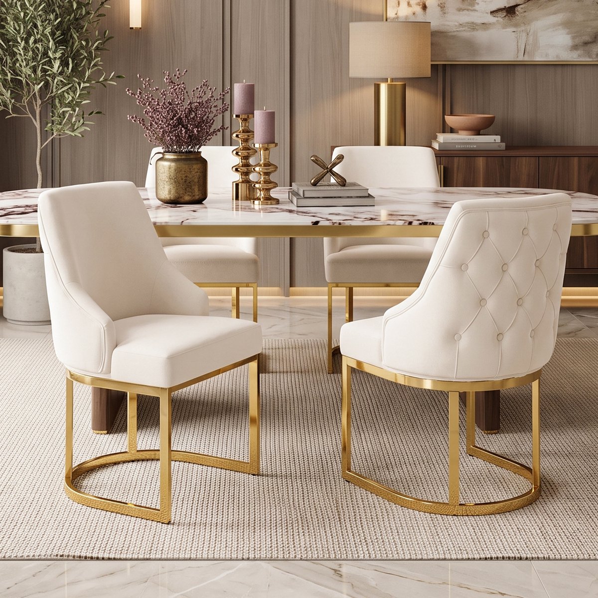 Pugsdrly 4 eetkamerstoelen, comfortabel en ademend, geschikt voor restaurants, woonkamers, cafés en andere locaties, moderne stijl, goudkleurig gegalvaniseerde stoelpoten, fluweel, beige + goud,Zonder tafel
