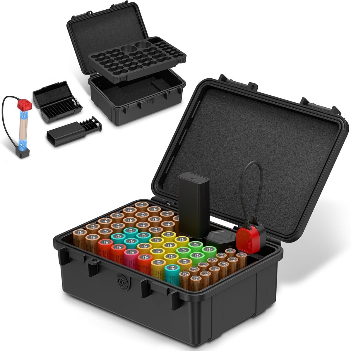 Thijox - Batterij Organizer Opbergkoffer met Tester voor 40 AA & 12 AAA, IP68 Waterdichte Harde Houder, 12 CR2032/CR2025 & 18 LR44 Coin Batterijen, Hu