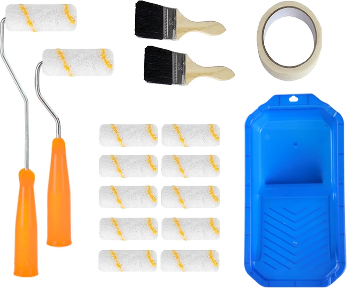 SnelShoppen - 16-delige Verfroller Set - Kleine Verfroller, Verfkwast, Verftray, Antidruppel Tape - Perfect voor Muren en Hoeken, Hoogwaardige Verfacc