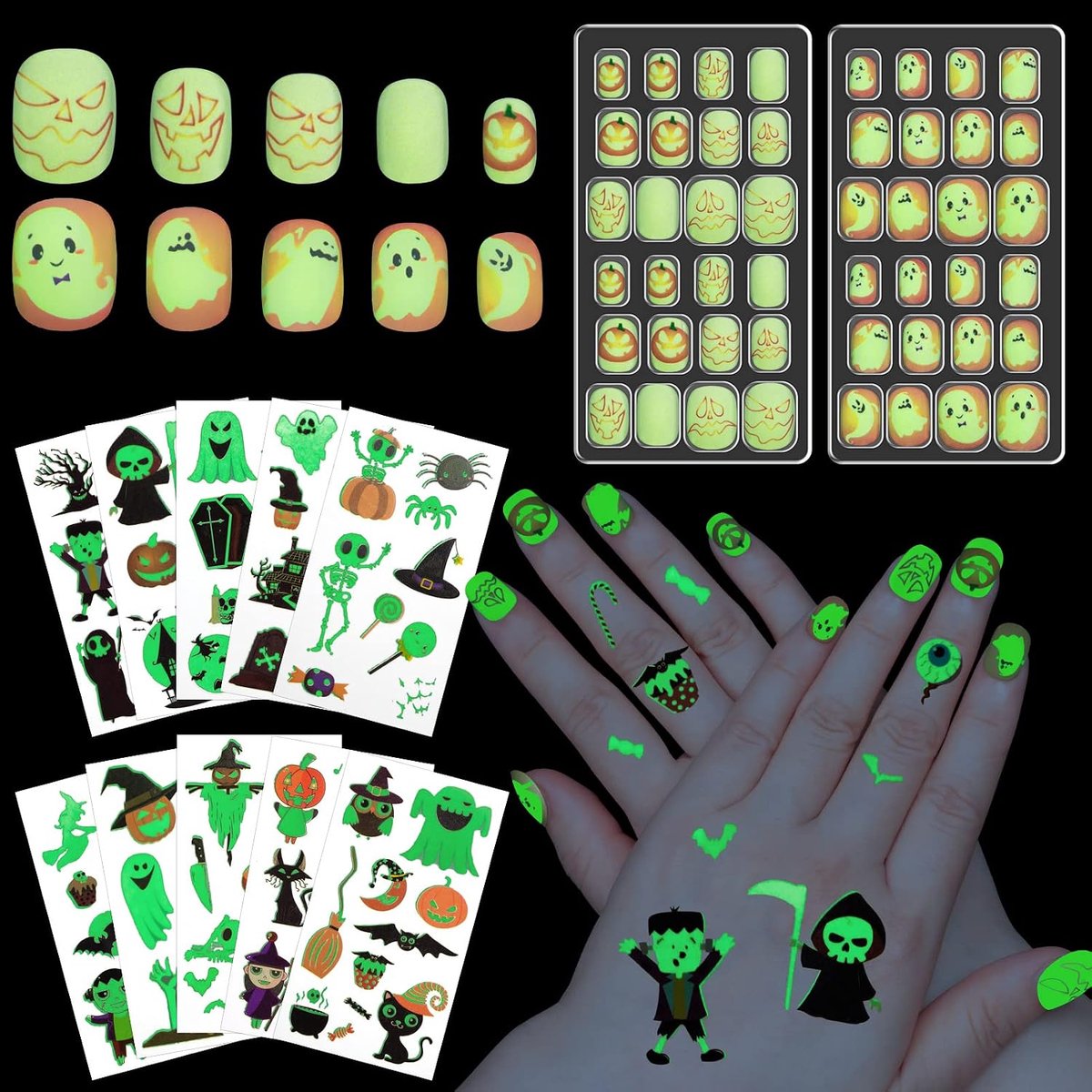 SnelShoppen - 48pcs Halloween Nepnagels voor Kinderen met Glow-in-the-Dark Stickers - Kunststof Acryl Druknagels met Pompoen en Spook Patroon voor Fee