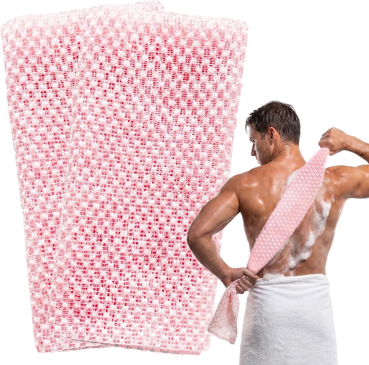 SnelShoppen - 2Pcs Exfoliating Towel - Extra Lange Japanse Exfoliatie Doek - Douche Scrubber voor Mannen en Vrouwen - Loofah Exfoliator - Roze Ruit