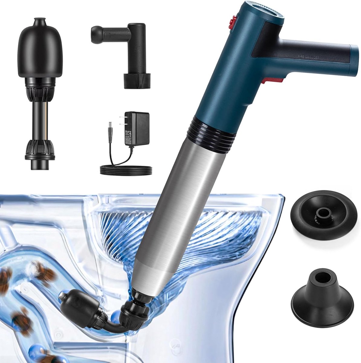 Thijox - Krachtige Elektrische WC-Ontstopper met 360° Draaibare Kop, 3 Verwisselbare Koppen, Pomp Afvoerontstopper voor Toilet, Badkuipen, Wastafels e