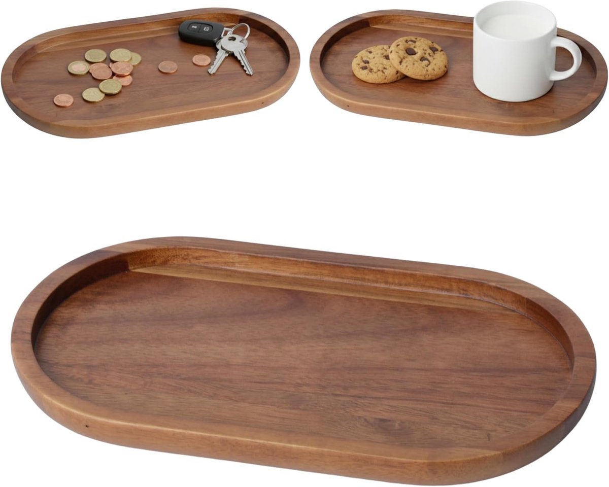 SnelShoppen - Decoratieve Tray Acacia Hout CURVE - Ovalen Organizer voor Keuken & Badkamer - Perfect voor Zout en Suiker Potten of Zeepdispenser - 26x