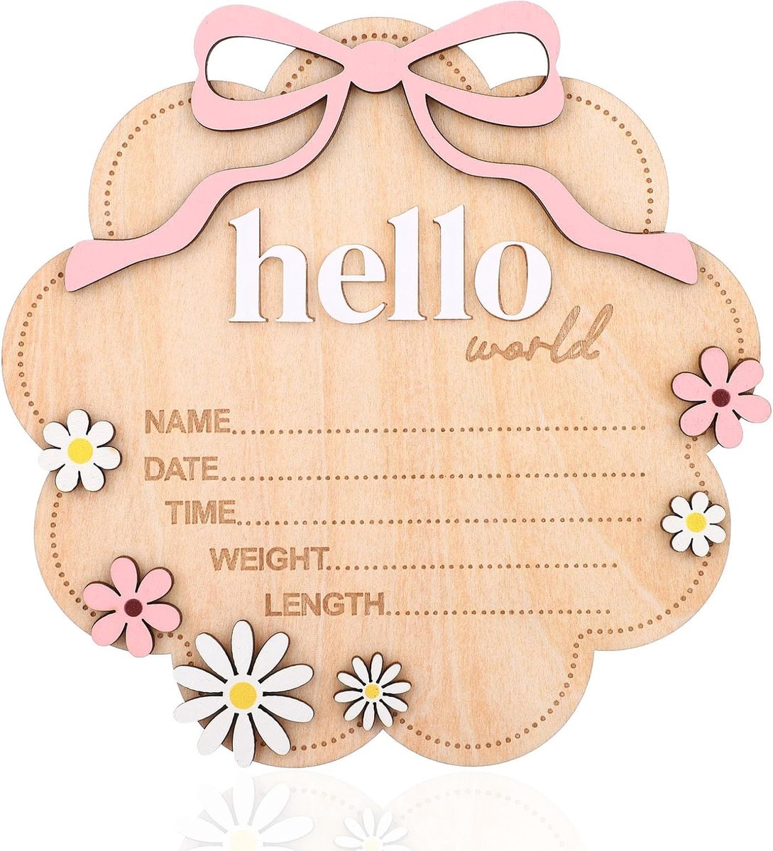 SnelShoppen - Hello World Pasgeboren Bord - Houten Baby Geboorteaankondiging Bord 15cm - Naambord Baby Informatie voor Meisjes - Babykamer Fotoprops