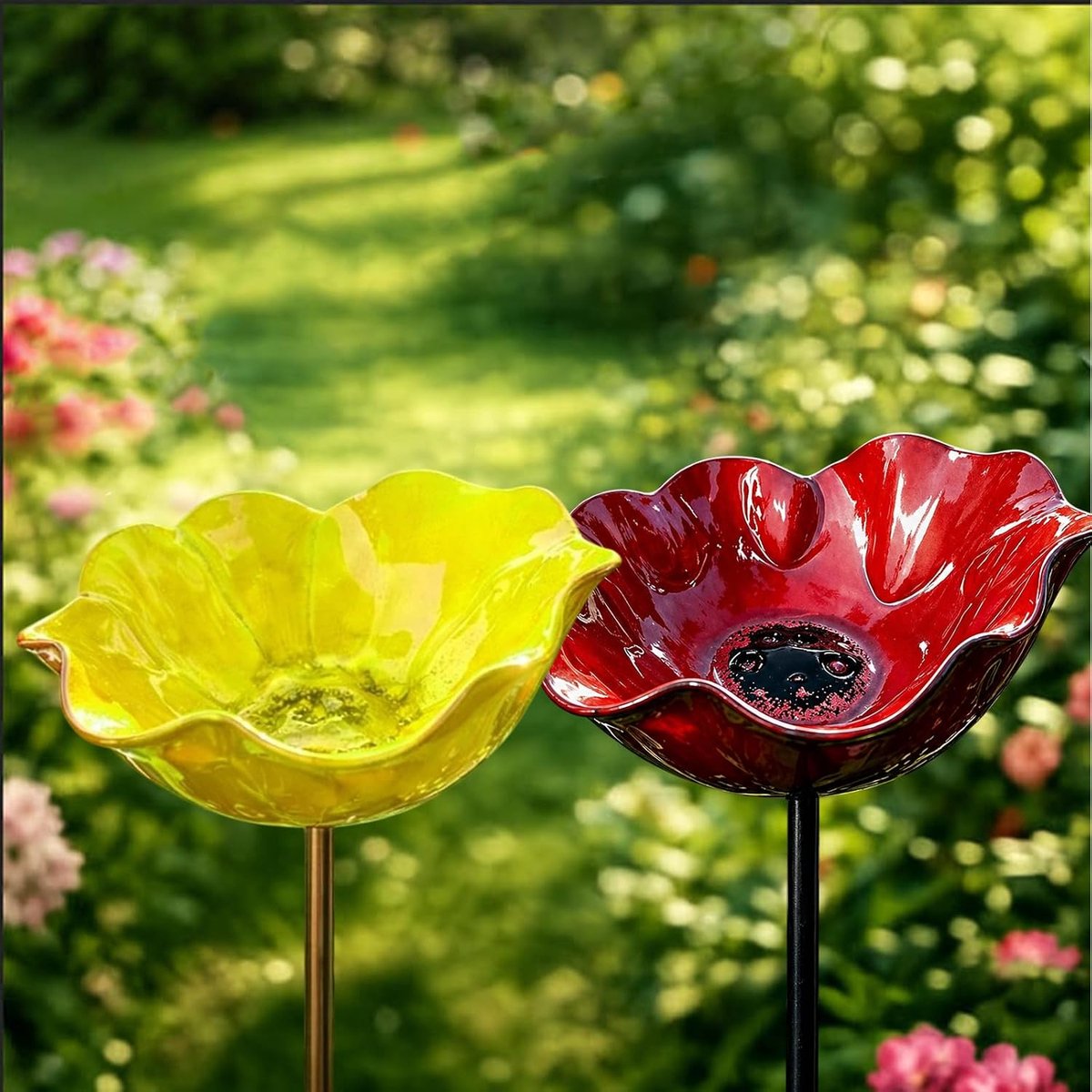Vogeldrinkschaal - 2 stuks - Vogelbadje - Vogeldrinkbakken - Metaalbloemen-tuinpaal-vogeldrinkbak - Tuindecoratie voor Vogels - Vogelbad voor Buiten - Wildlife Vogeldrinkschaal voor Tuinvogels - 15 x 60 cm - Rood + lichtgeel
