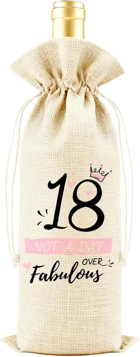 SnelShoppen - Gift Bag 18e Verjaardag - Linnen Wijnzak met Trekkoord - Originele Cadeaus voor Haar - 'Not A Day Over Fabulous' - Duurzaam en Herbruikb