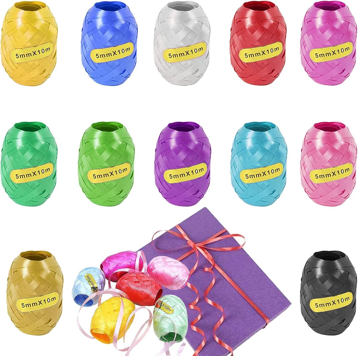 SnelShoppen - 12pcs Curly Ribbon Roll 5mm x 10m Kleurige Cadeau Ribbons voor Verjaardag, Kerst, Bruiloft, Feest Decoratie, Ballonnen, Cadeau Verpakkin