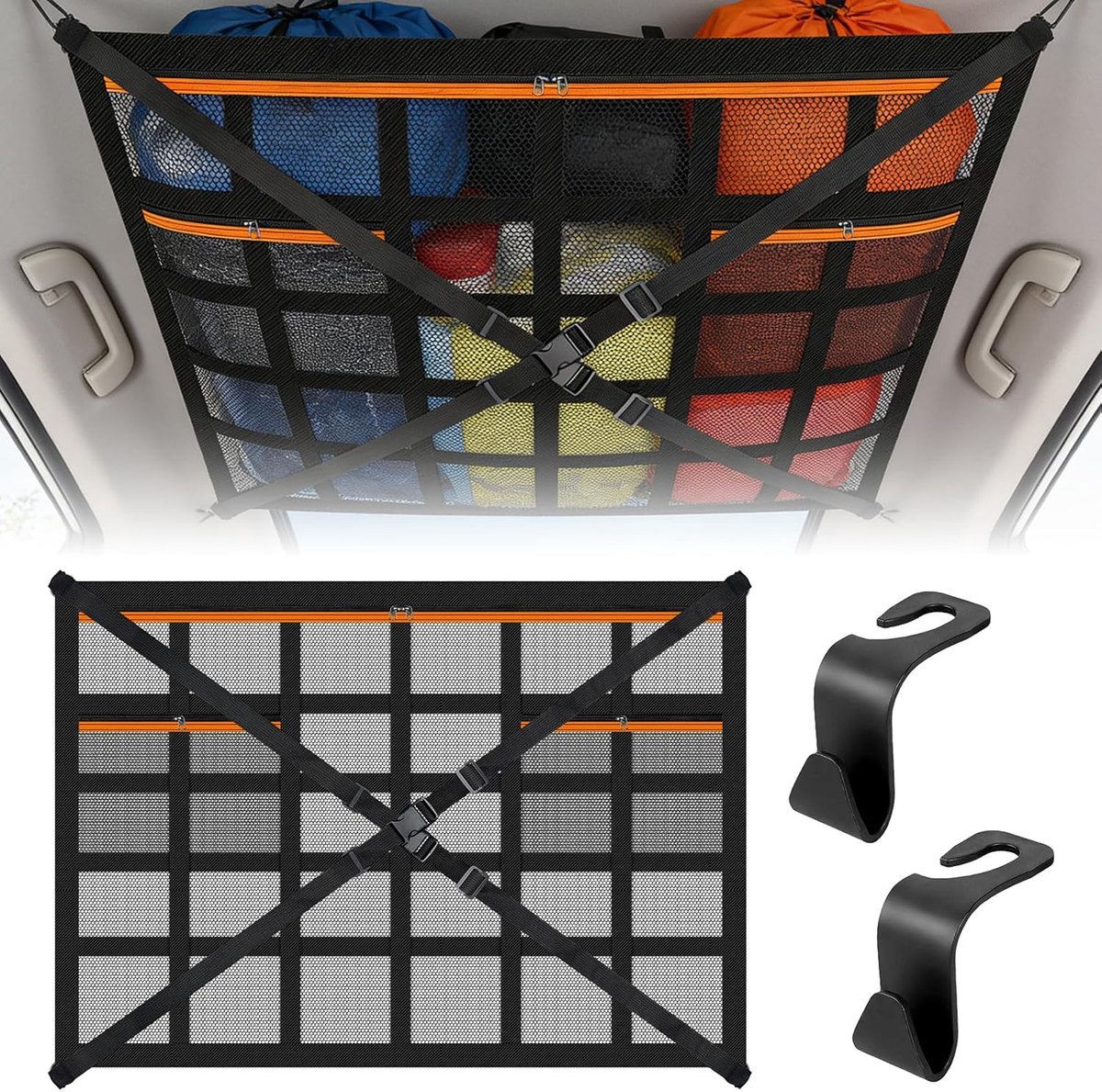 SnelShoppen - Car Luggage Net 90 x 65 cm - Opbergnetje voor Auto, SUV, Caravan met Verstelbare Kruisriemen en Zak met Rits - Duurzaam en Ademend Polye