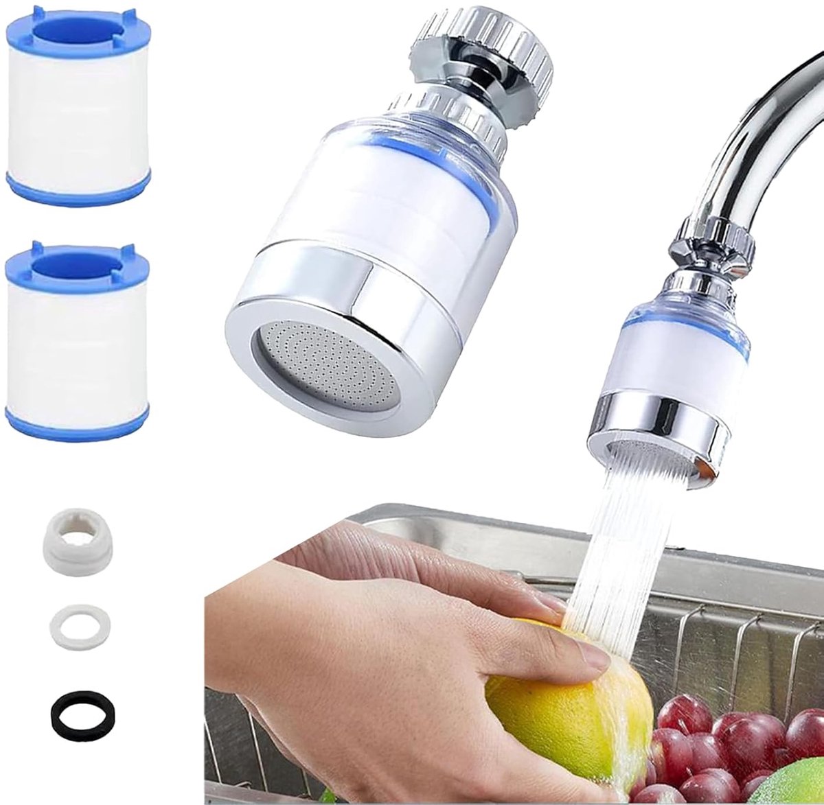SnelShoppen - Faucet Water Filter met 2 Filter Cartridges, 360 Graden Draaibare Keuken Kraan Waterfilter, Verwijdert Chloor Fluoride Zware Metalen Har