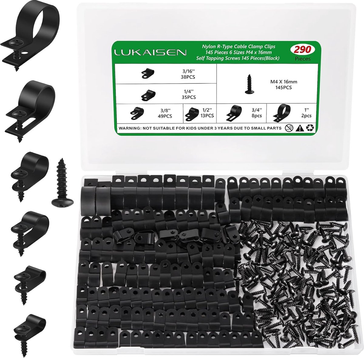 SnelShoppen - Kabelclips voor Kabelbeheer, 300 Stuks Nylon R Type in 6 Maten, Zwart, Geschikt voor Bevestiging van Snoeren en Kabels in Huis en Tuin