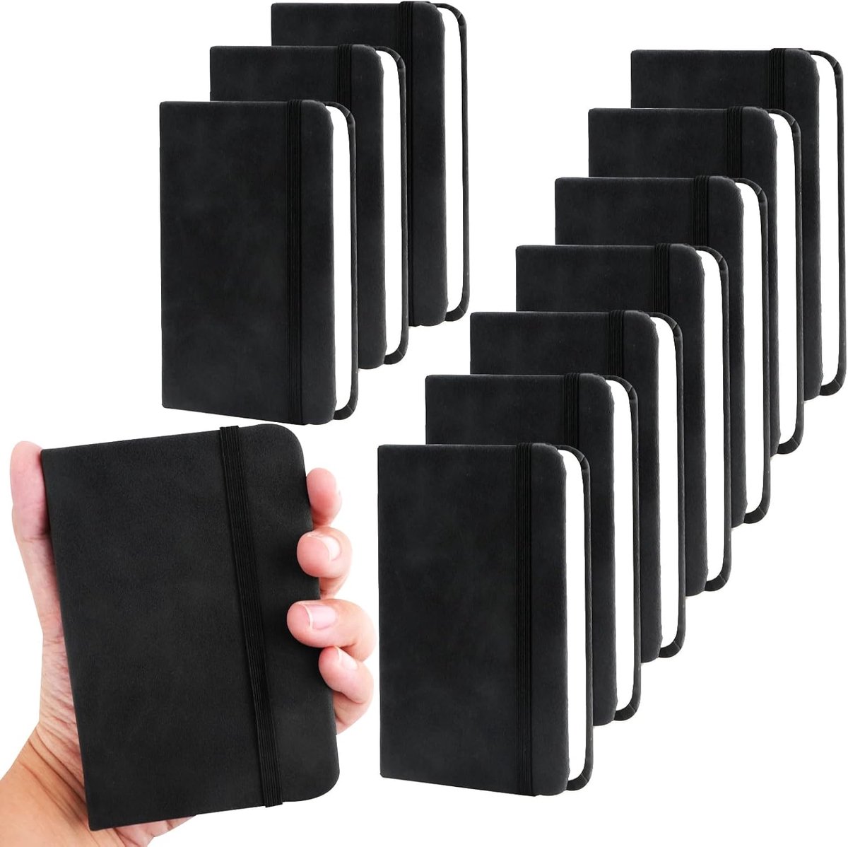 SnelShoppen - 10 Pcs PU Leer Pocket Notebooks A7 - Lijnpapier Notitieboek met Elastiek - 200 Pagina's - Zwart - Voor School, Kantoor, Thuis, Reizen