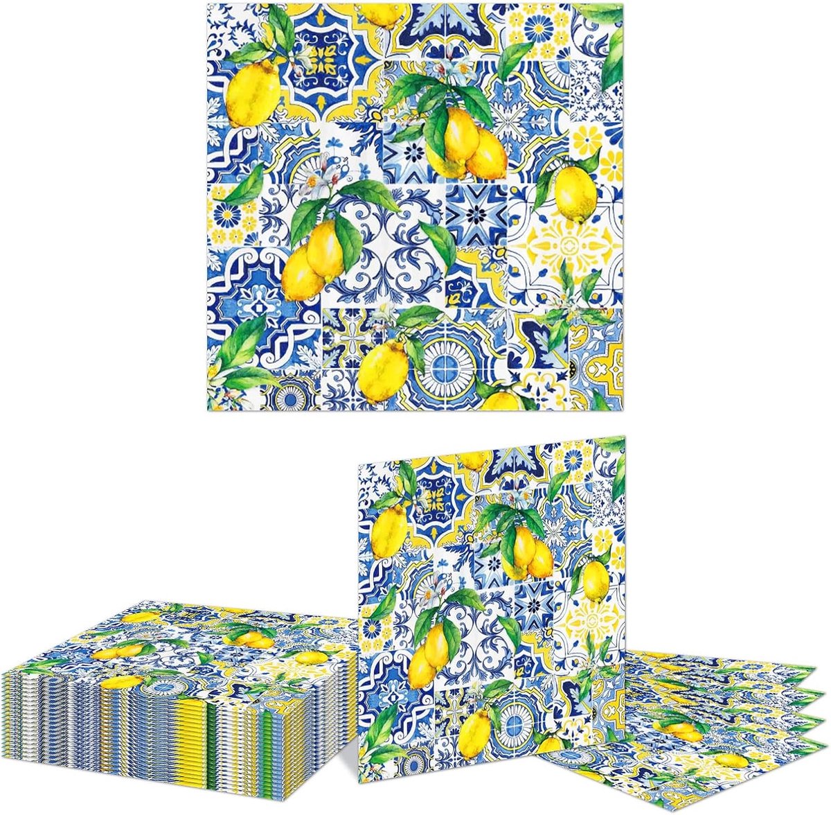 SnelShoppen - 20 Stuks Decoratieve Papieren Servetten met Citroenen en Blauwe Tegels - Eenmalige LUNCH- en DINERSERVETTEN voor Feest, Tuin, Keuken en