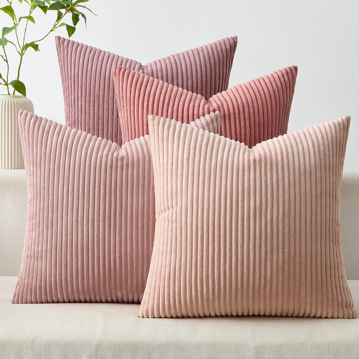 SnelShoppen - Set van 4 Kussenhoezen 40 x 40 cm Corduroy Zachte Gestreepte Kussens voor Woonkamer, Bank en Bed, Diep Roze, Ideaal voor Kinderen en Hui
