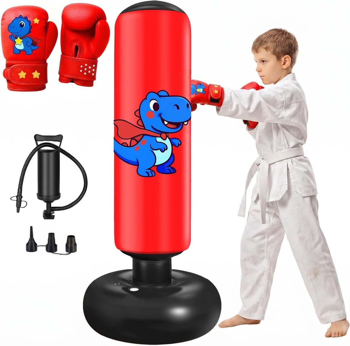Opblaasbare bokszak voor kinderen en volwassenen met krijgerontwerp, inclusief bokshandschoenen en pomp, ideaal voor karate, taekwondo en MMA training