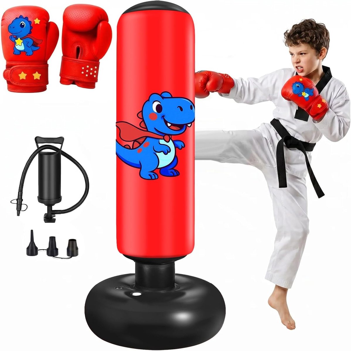 Opblaasbare bokszak voor kinderen en volwassenen met bokshandschoenen en pomp, ideaal voor karate, kickboksen en taekwondo training