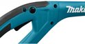 Close-up van de turquoise behuizing van de grastrimmer met het witte logo van Makita en een zwarte handgreep.