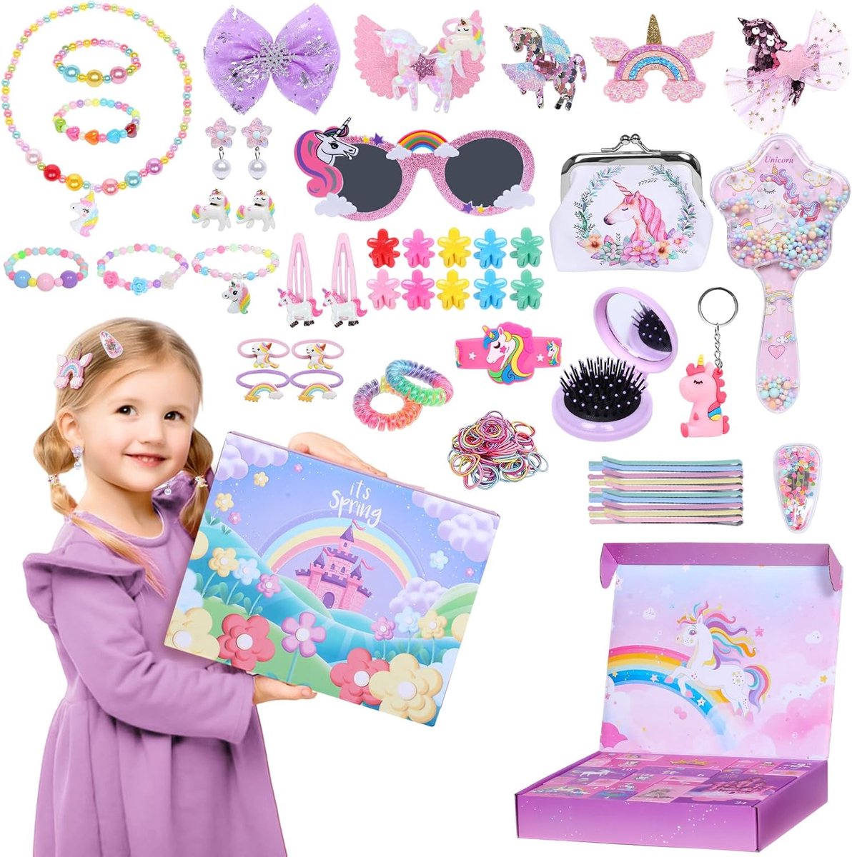 SnelShoppen - Adventskalender 2025 voor Meisjes, Kerstkalender met 24 Dagen, Eenhoorn Geschenkset met Armband, Ring, Ketting, Portemonnee, Haaraccesso