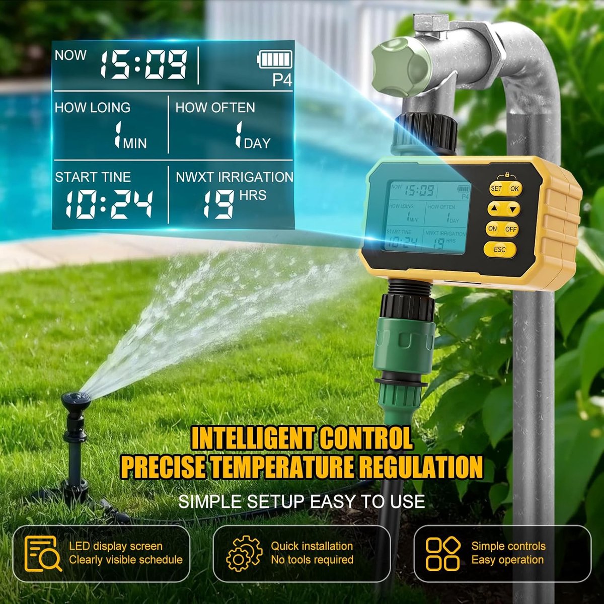 SnelShoppen - Automatische Tuin Bewateringscomputer met Regenvertraging, Water Timer voor Tuin, Balkon, Patio, Slim Irrigatiesysteem met Handmatige Mo