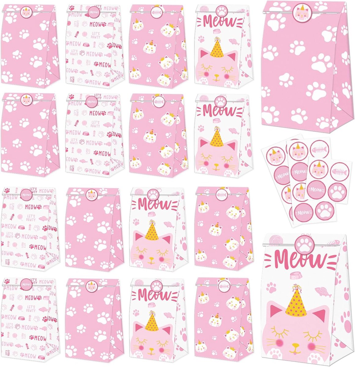 SnelShoppen - 20 Stuks Kat Cadeauzakjes Kittens MEOW Treat Bags Pootafdruk Goodie Bags Kat Thema Papieren Tassen met Kat Stickers voor Meisjes Kindere