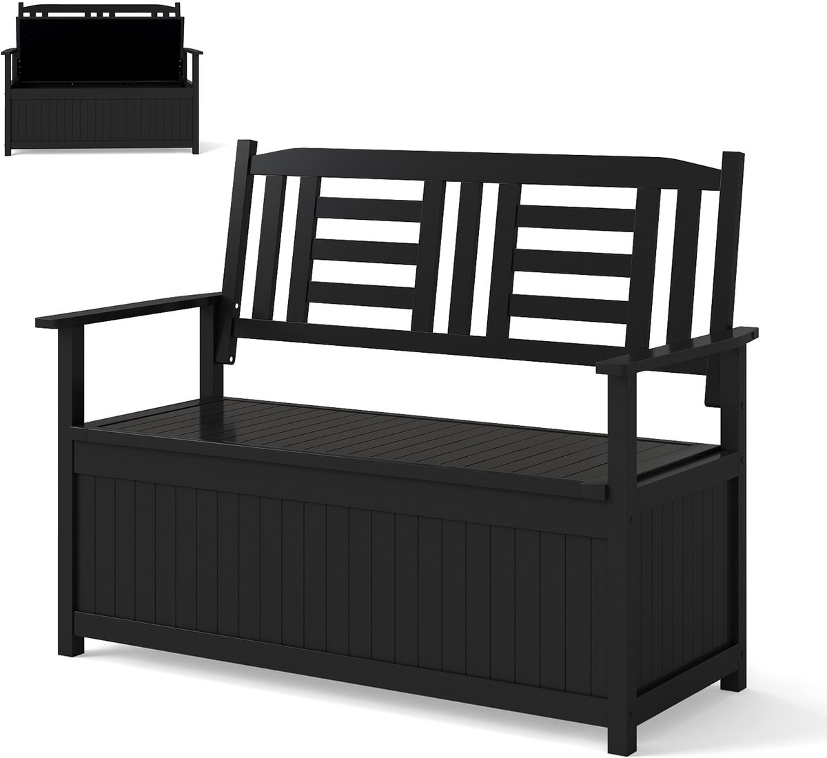 COSTWAY Houten tuinbank met opbergruimte, weerbestendige kistenbank, 2-persoons houten bank met geïntegreerde kussendoos, balkonbank, zitbank voor tuin, balkon, terras, 123 x 68,5 x 96 cm (Zwart)