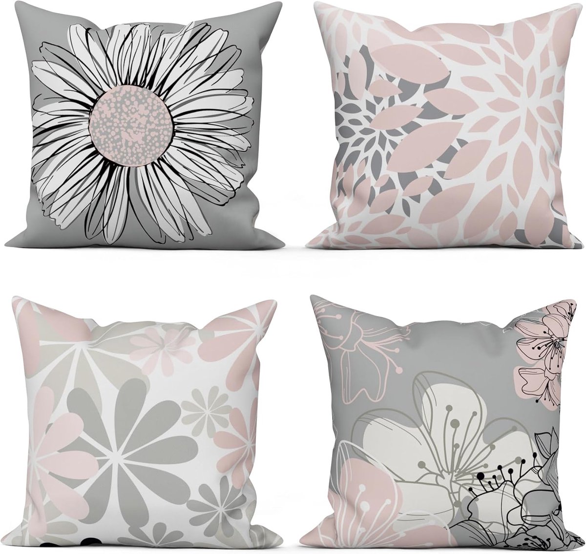 SnelShoppen - Set van 4 Rose Kussenhoezen 40 x 40 cm, Moderne Roze/Grijze Bloem Motief, Decoratieve Kussens voor Sofa, Wasbare Polyester, Geschikt voo