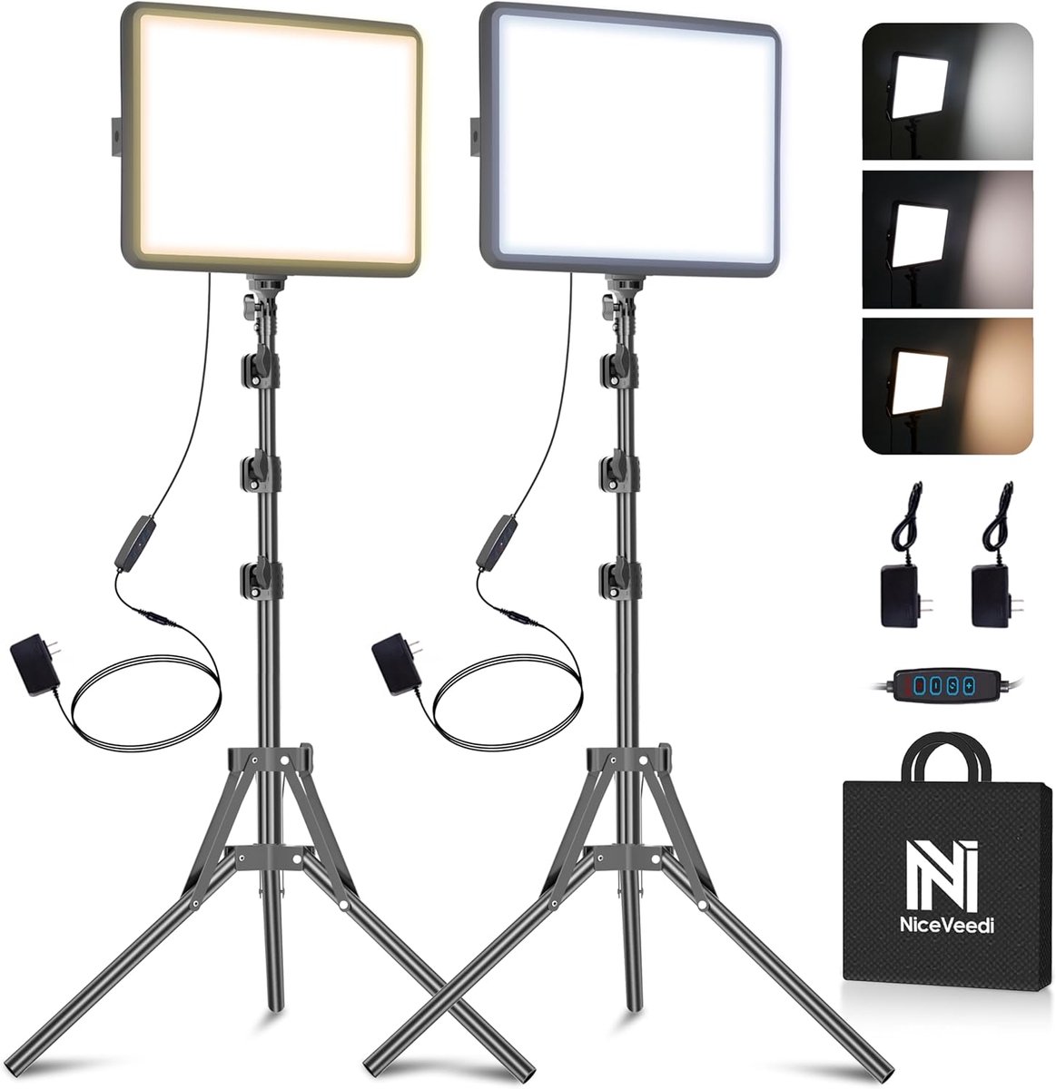 SnelShoppen - 22W LED Video Verlichtingsset 185cm 2-Pack Dimbare Studio Lampen met Statief, 2900-7000K Kleurtemperatuur voor YouTube, TikTok, Fotograf