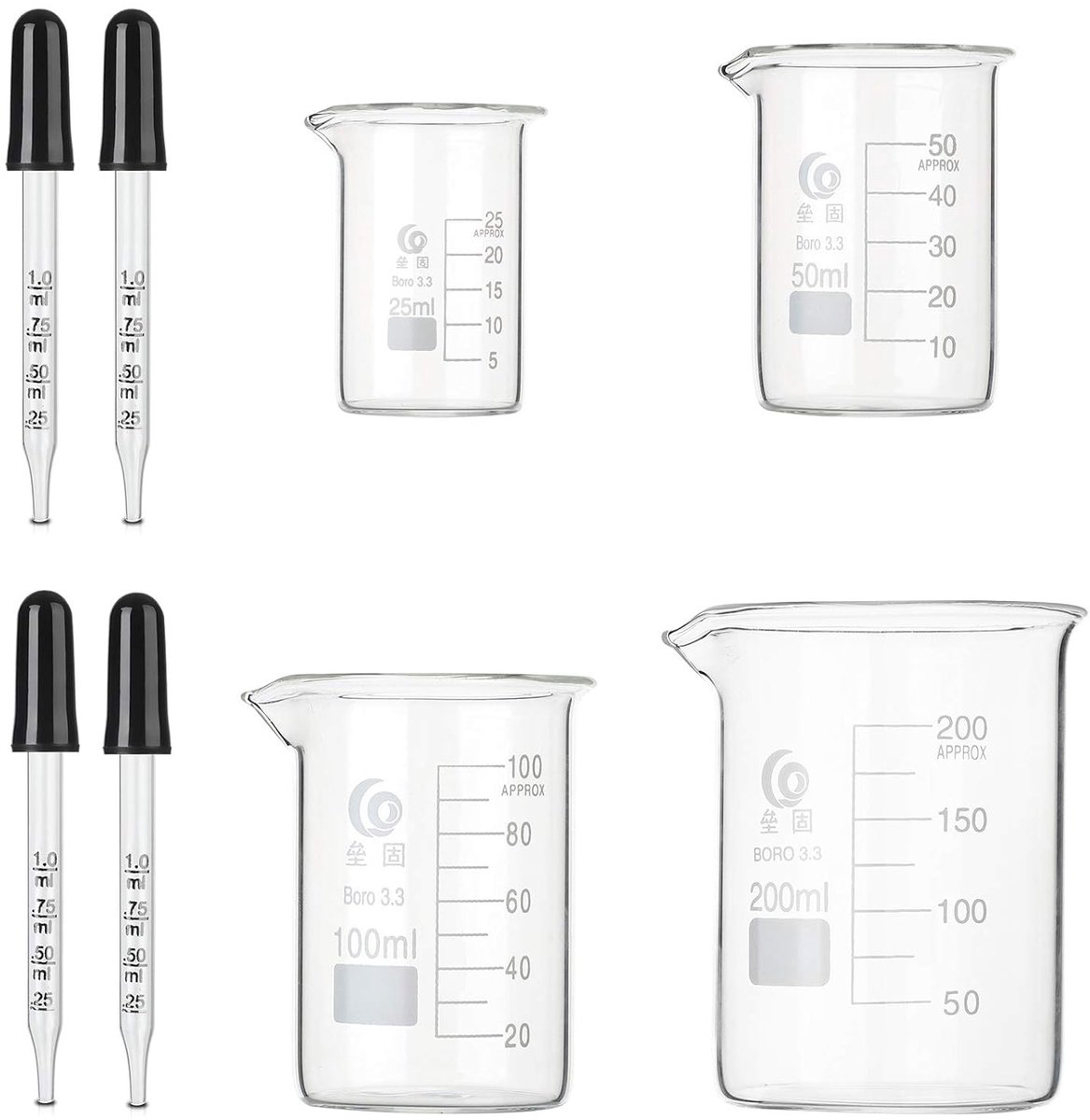 SnelShoppen - Glass Cup Set 4Pack Graduated Measuring Cups 25ml 50ml 100ml 200ml met 4Pcs 1ml Pipette - Borosilicate Glas - Keuken Accessoires