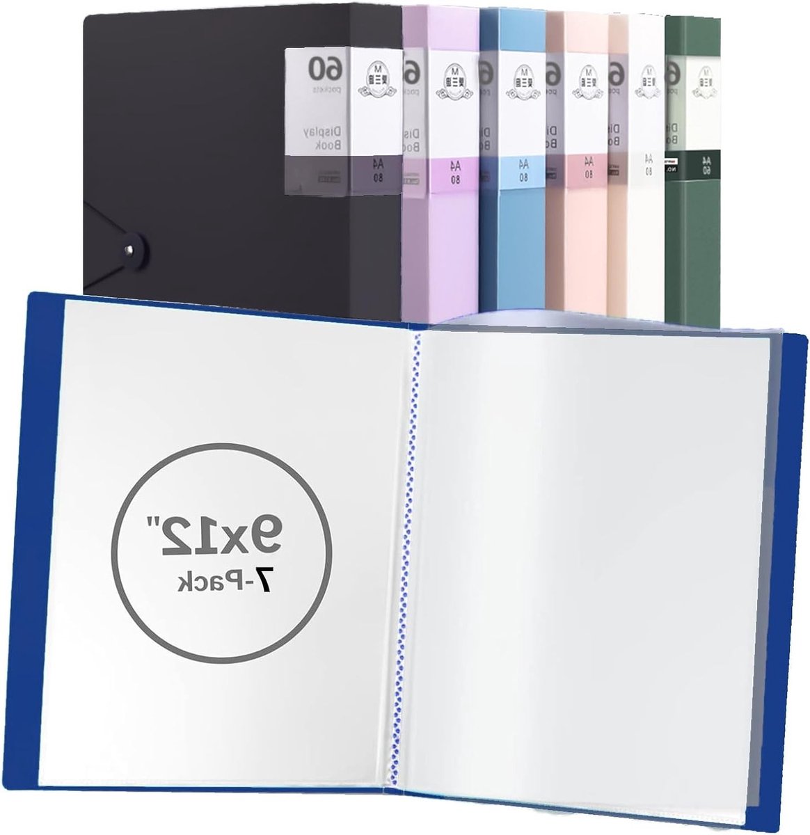 A4 Display Book Folder met 60 Plastic Sleeves | Set van 7 Presentatiemap, Poly Pocket Map en Map met Plastic Hoezen voor School, Kantoor, Sollicitaties en Financiële Documenten