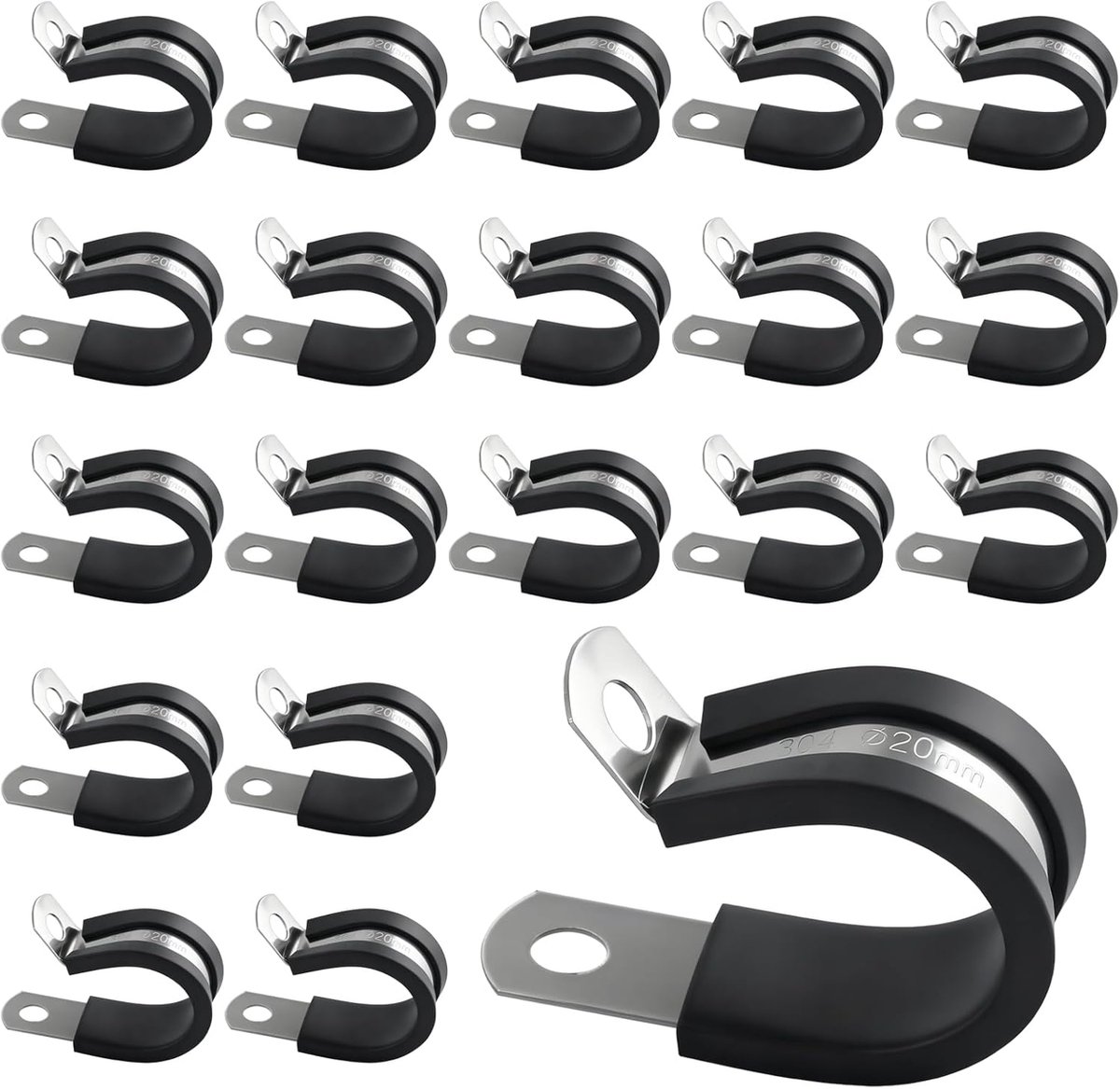 SnelShoppen - 20pcs R-vormige Klemmen, Roestvrijstalen Rubber Gevoerde P Clips, 20mm Slang Klemmen voor Kabel, Draad, Tube - Duurzaam en Corrosiebeste