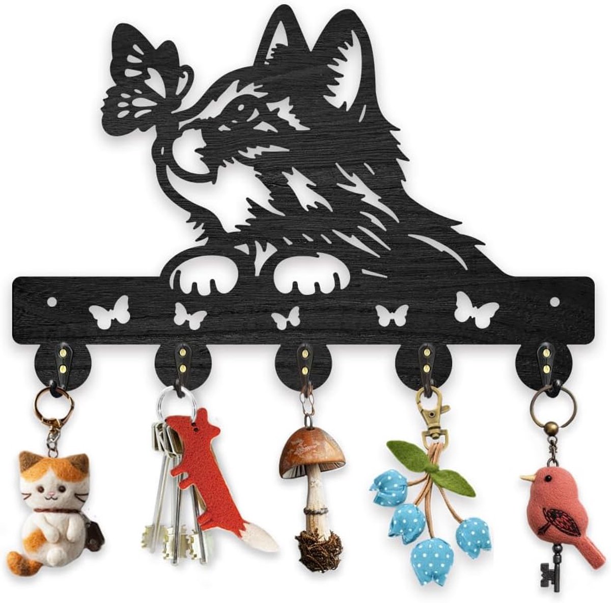 SnelShoppen - Houten Kat Vlinder Sleutel Haak Wandbevestiging 30 x 20cm Met 5 Metaal Haken Zwart Dieren Thema Sleutelhanger Organizer Voor Slaapkamer