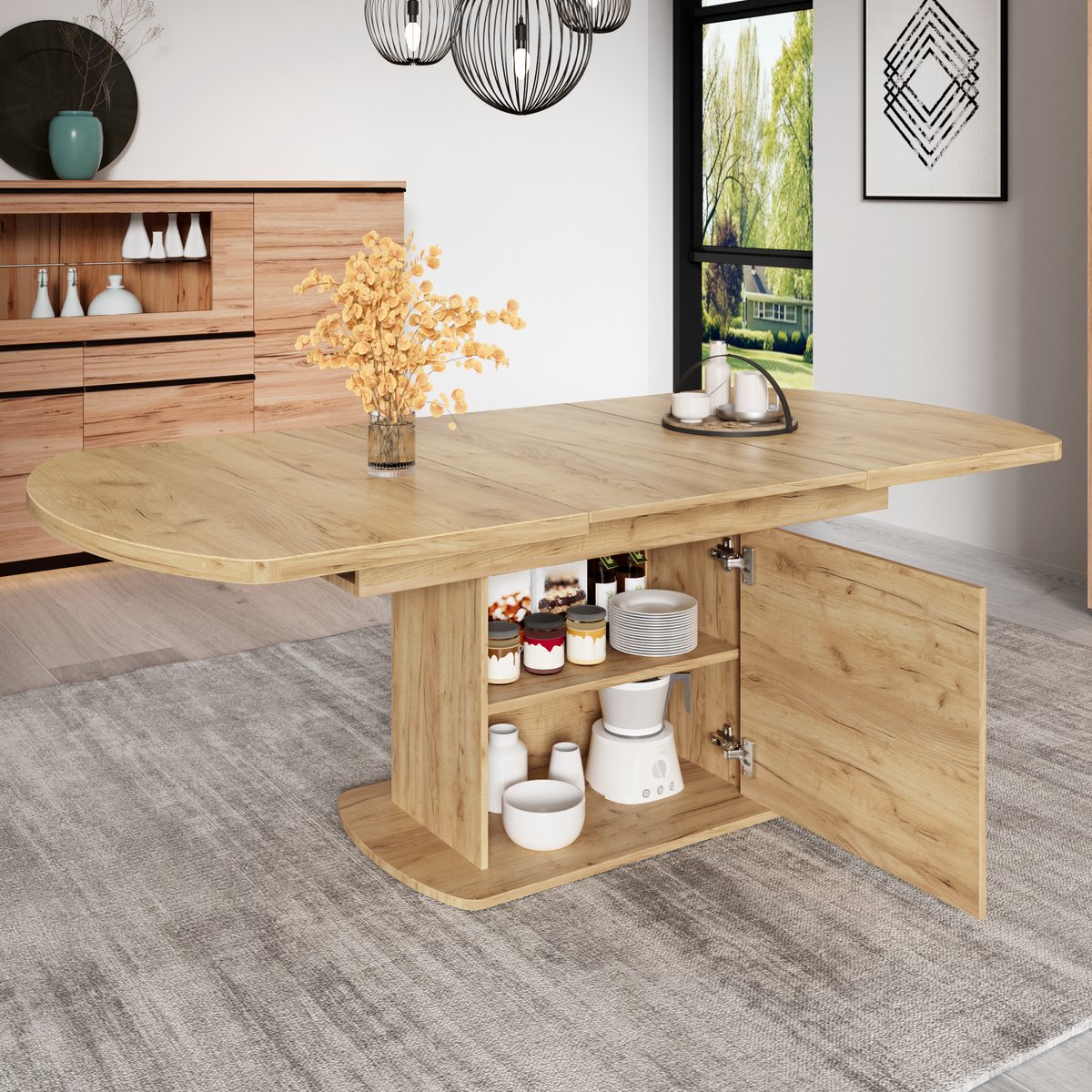 HAUSS SPOLE Eettafel - Uitschuifbaar Ovaal Ontwerp Met Opbergruimte - Voor Eethoek En Werkruimte - Spaanplaat En Metaal - 140/200x80x75 Cm - Eikenkleur
