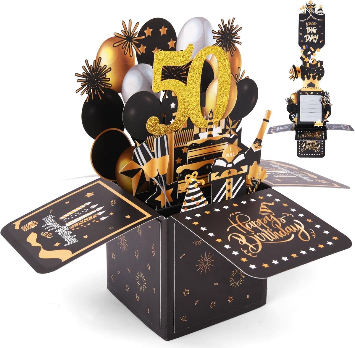 SnelShoppen - 3D Verjaardagskaart voor 50e Verjaardag, Pop-up Kaart met Envelop, Unieke Cadeaukaart voor Vrouwen, Mannen en Kinderen, Zwart en Goud, F