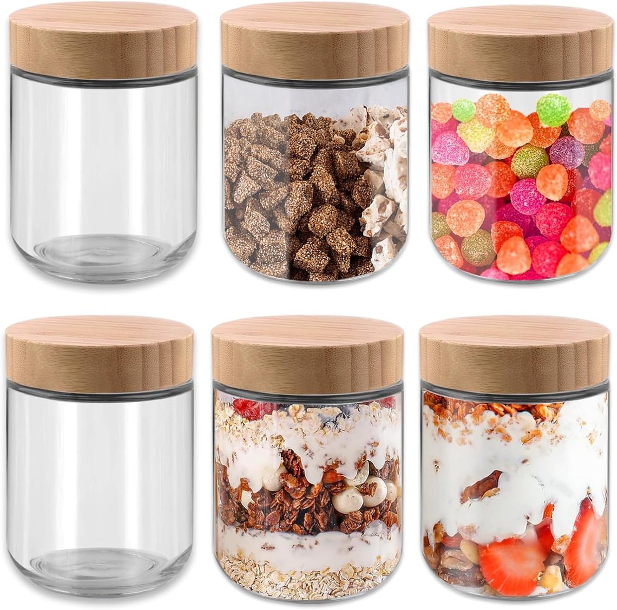 Set van 6 Meal Prep Glazen van 500ml met Bamboedeksel voor Oatmeal, Jam en Salades - Ideaal voor Maaltijdvoorbereiding en Bewaren