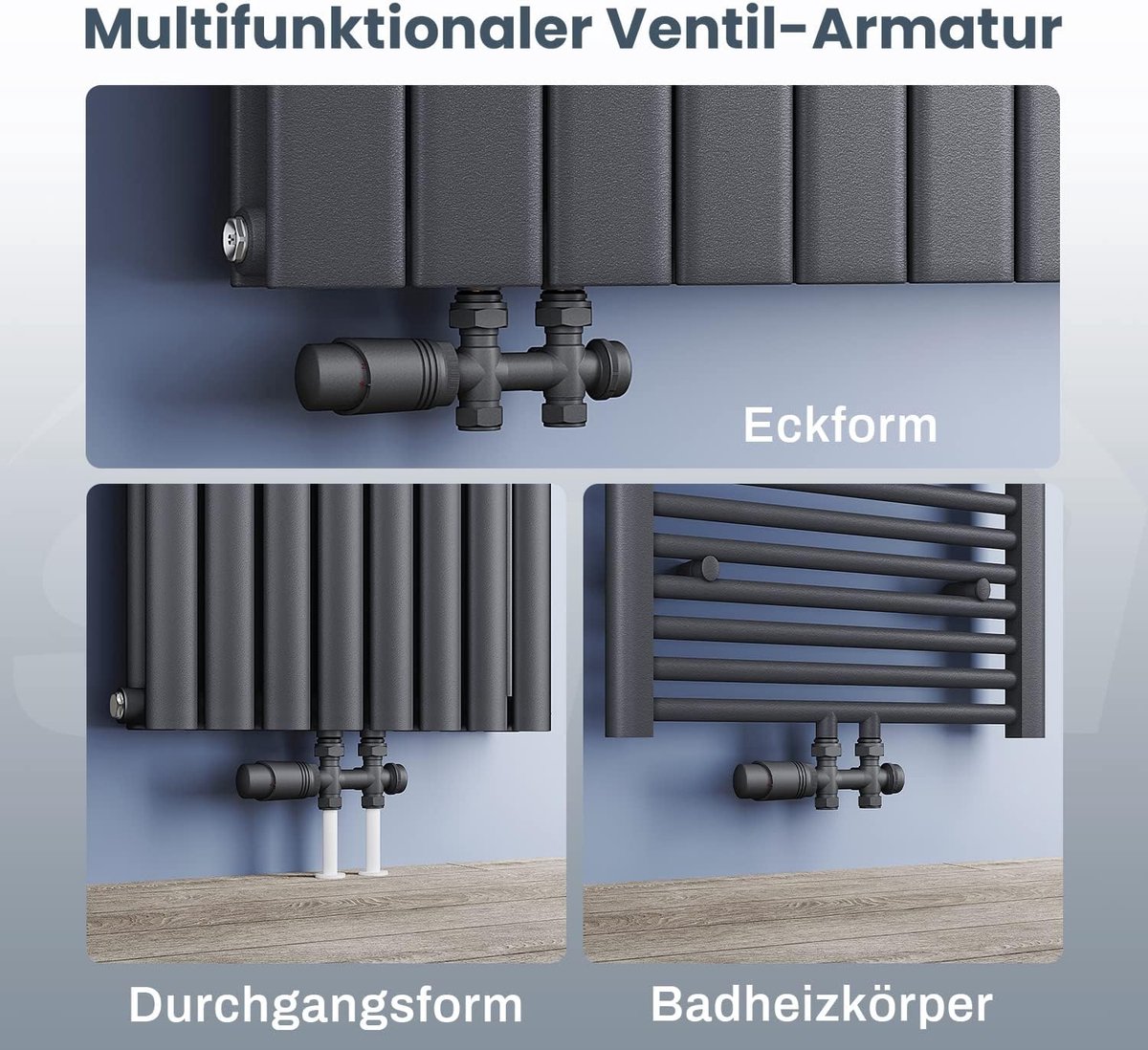 SnelShoppen - Multiblock Set Radiator Aansluitingen met Thermostaatkraan - 2-Pijps Bevestiging - G 1/2" Aansluiting - Anthraciet - Verwarmingsaccessoi