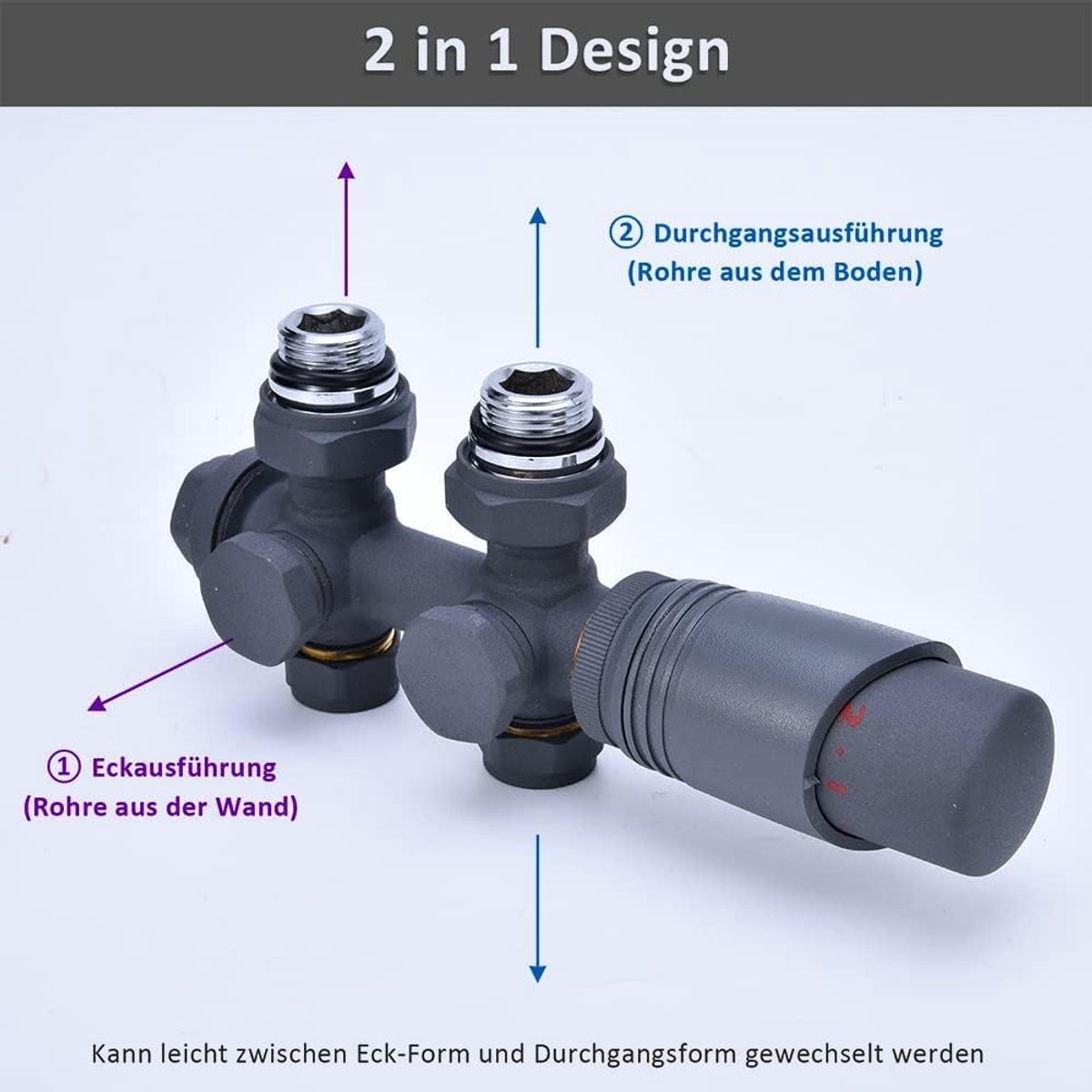 SnelShoppen - Multiblock Thermostat Set voor Radiatoren - Hoek- en Doorvoer Model - Voor Badkamer Radiator - G1/2" G3/4" Aansluiting - Anthraciet - Na