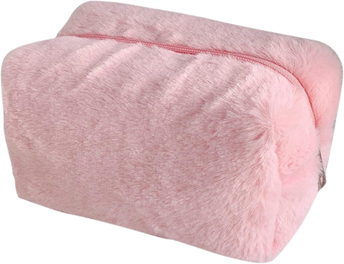 SnelShoppen - Plush Makeup Bag - Schattige Zachte Fluffy Make-up Tas voor Meisjes, Draagbaar en Verkrijgbaar in Meerdere Kleuren (Roze)