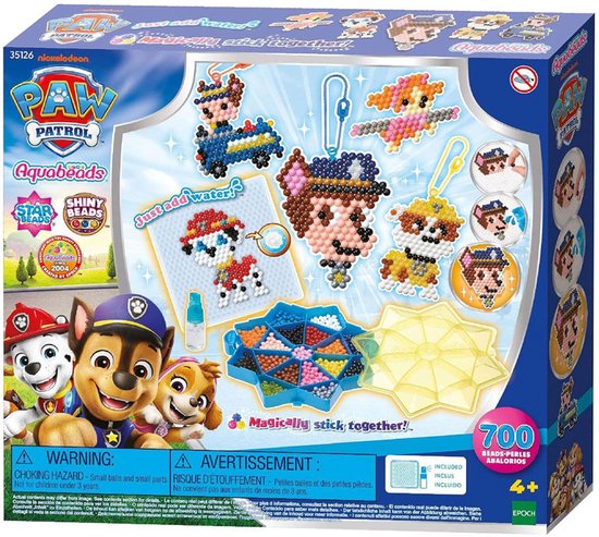 De voorkant van de Aquabeads Paw Patrol knutsel set doos met de Paw Patrol karakters Chase, Marshall en Rubble.