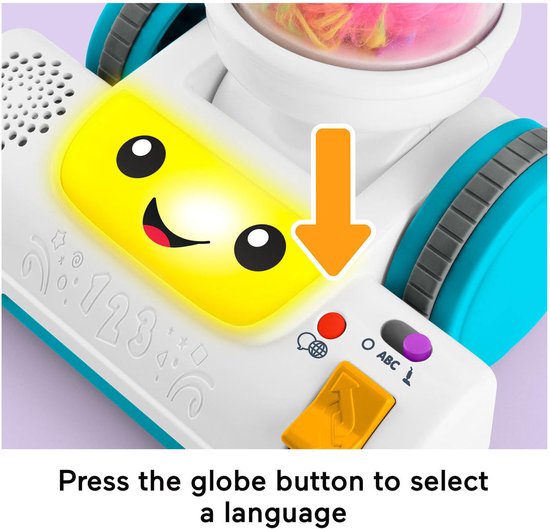 Close-up van de Fisher-Price 2-in-1 Stofzuiger met Stoffer. Het gele gezichtje licht op. Druk op de wereldbolknop om een taal te kiezen.