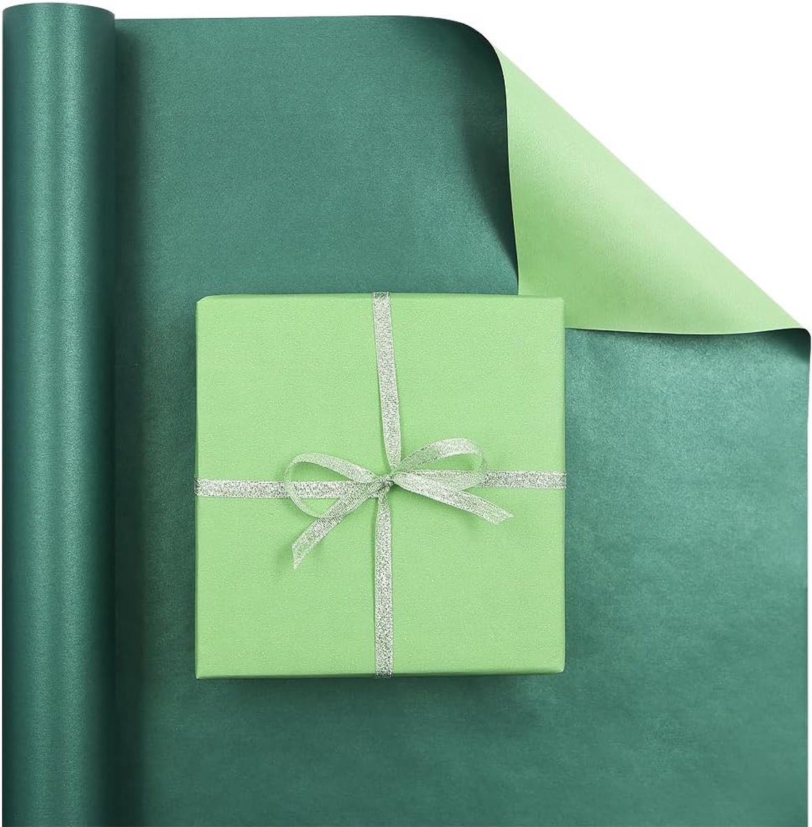 SnelShoppen - Luxe Dubbelzijdig Inpakpapier Rol - Diepblauw en Glitterend Lichtgroen Moeder Van Parel - 43 x 1000 cm - Verpakking voor Verjaardagen, K