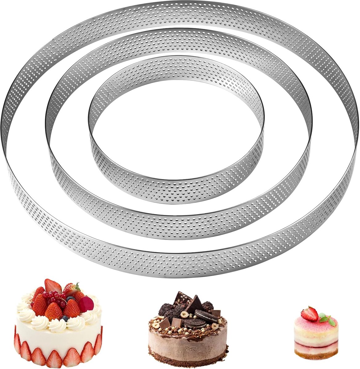 SnelShoppen - 3 Stuks Perforated Cake Circles Ø 10/15/20 Cm, Hoog 2 Cm | Ronde Bakringen van 430 RVS, Perforated Baking Rings voor Taart, Mousse, Geba