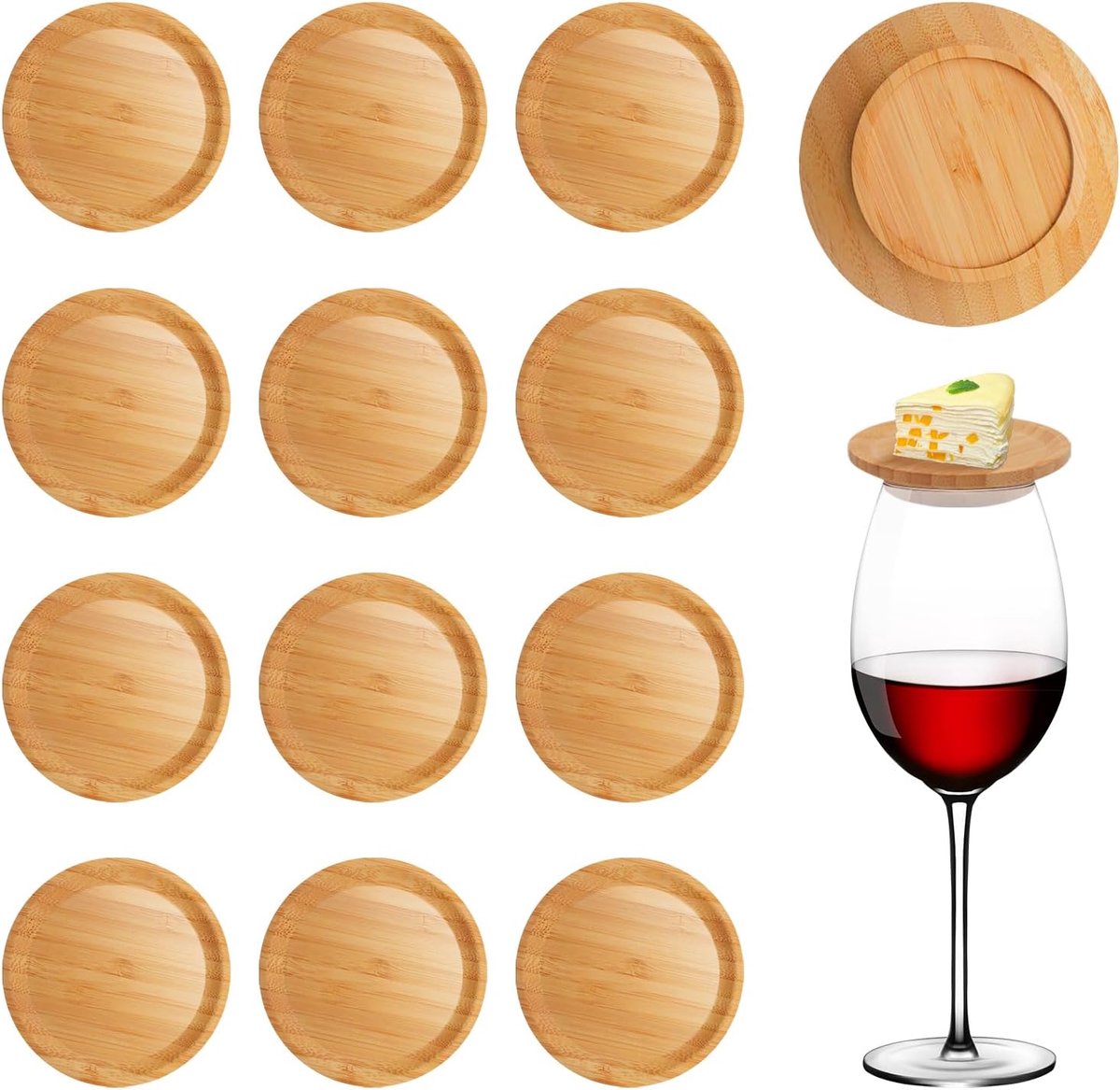 SnelShoppen - 12 Stuks Bamboe Wijn Glas Topper Rond - Houten Charcuterie Plank Toppers Geschikt voor Wijn Glazen, Desserts, Dranken, Kaarsen - Feest A