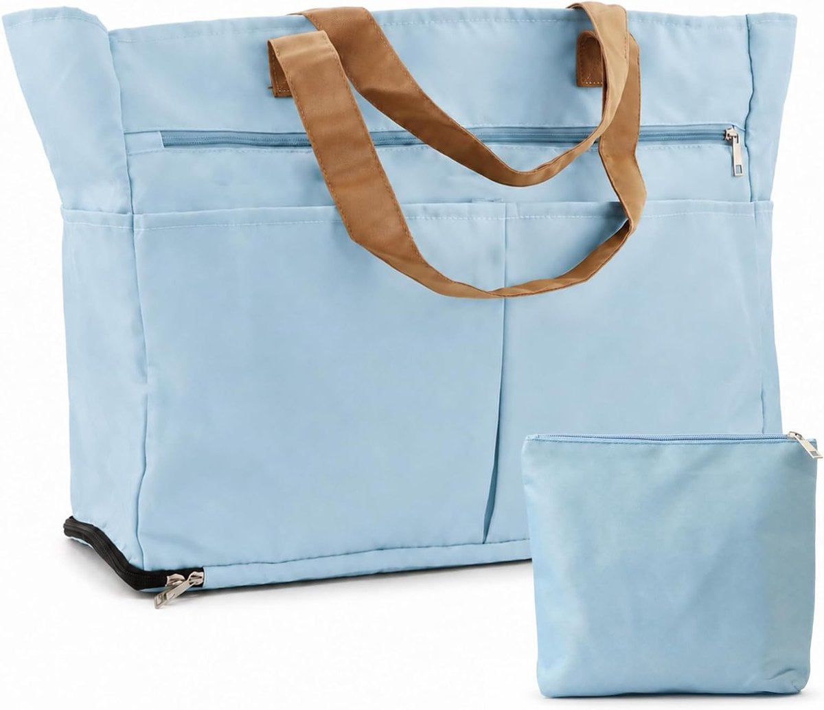Grote waterdichte strandtas voor dames met ritssluiting, ideaal voor familie, zwembad en picknick, inclusief kleine cosmeticatas (hemelsblauw)