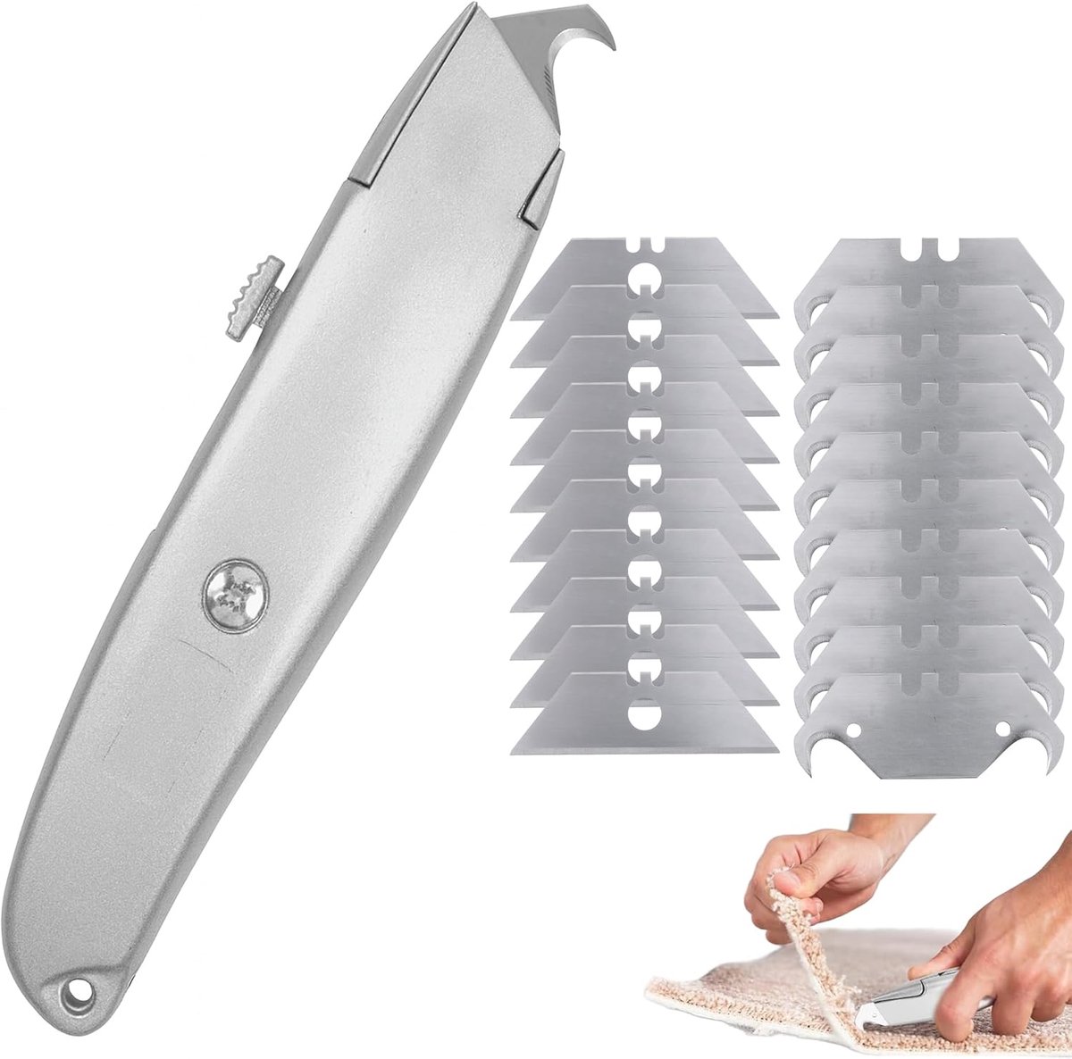 SnelShoppen - 2-in-1 Safety Cutter met Trapezium- en Haakmes voor Professioneel Gebruik - Inclusief 1 Doos Haakmessen en 1 Doos Trapezium Messen - Ide