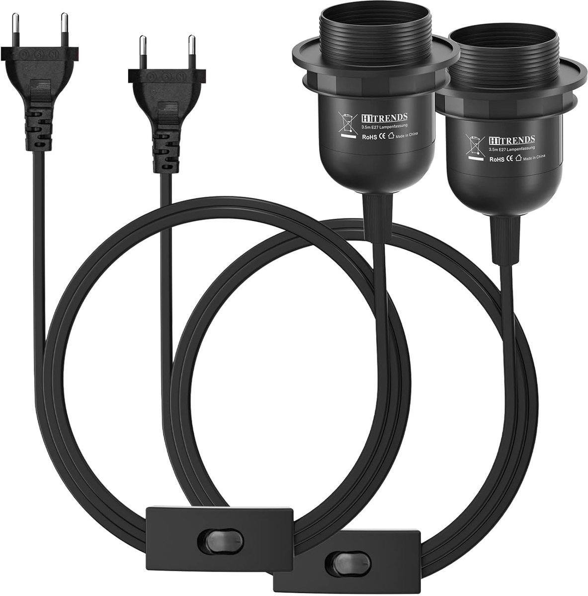 SnelShoppen - 2 x E27 Lampenhouder met Schakelaar en Stekker, Zwart, 3.5 m Kabel, Voor Keuken, Woonkamer en Kinderkamer