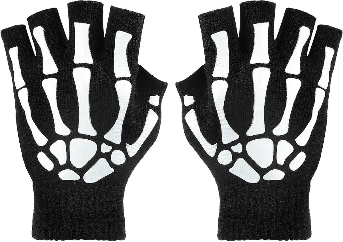 3 Paar Skeleton Hands Vingerloze Bot Handschoenen - Glow in the Dark Gebreide Warme Winterhandschoenen voor Volwassenen - Perfect voor Halloween Kostuum en Feestjes