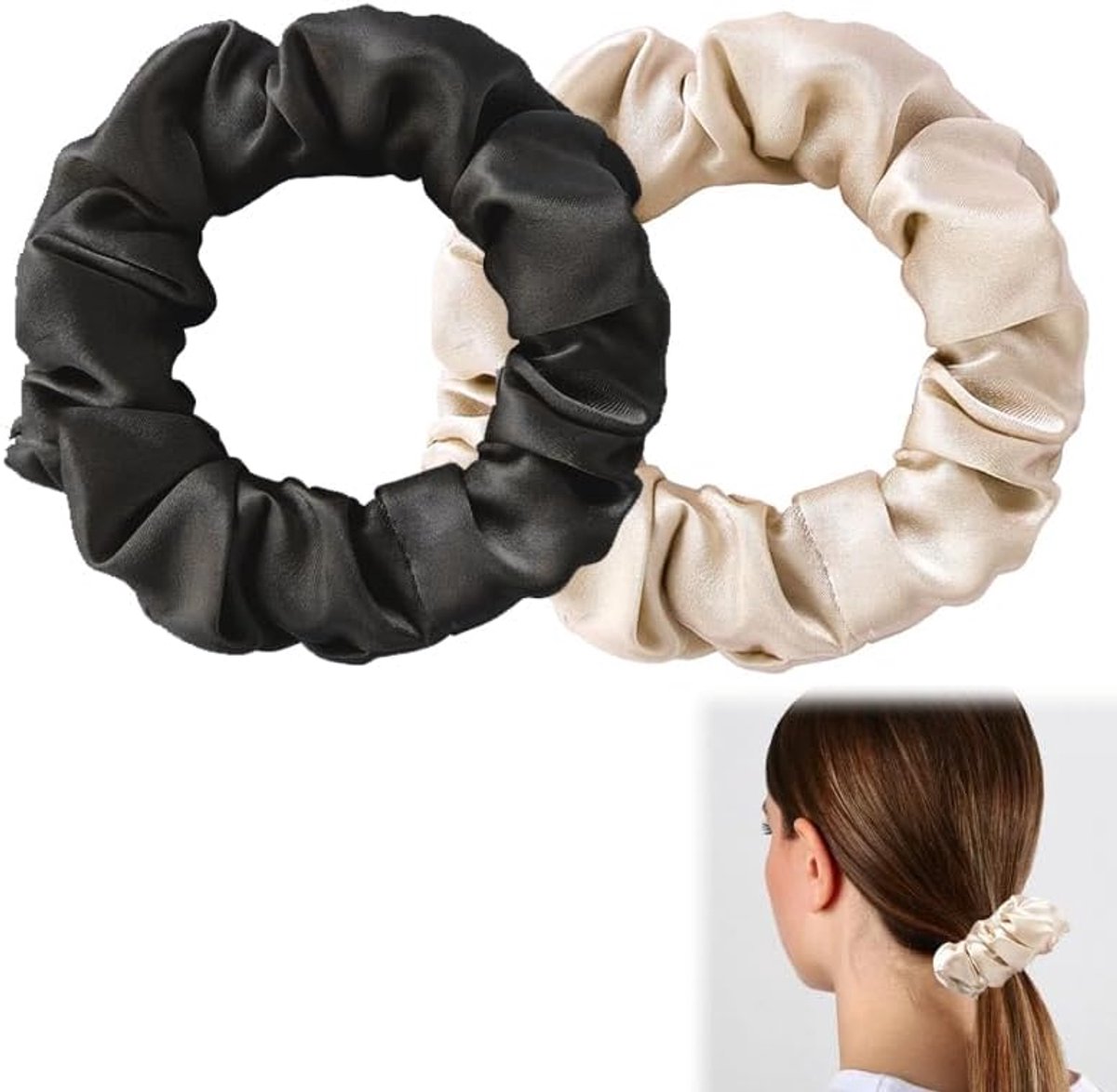 SnelShoppen - Satin Scrunchies voor Vrouwen, Shiny Satin Haar Bobbles voor Fruff en Haarbreuk, Zachte Braid Bands Set van 2, Zwart en Champagne, Perfe