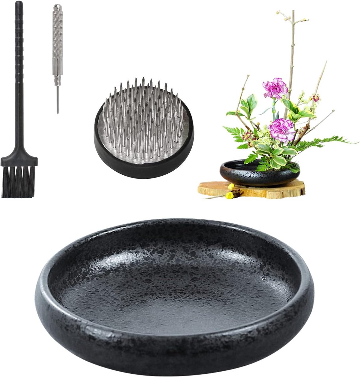 SnelShoppen - Shallow Round Pottery Ikebana Flower Vase met Kenzan Flower Frog, Zwart Gestippeld, 15x5cm, Perfect voor Bloemstukken en Huisdecoratie