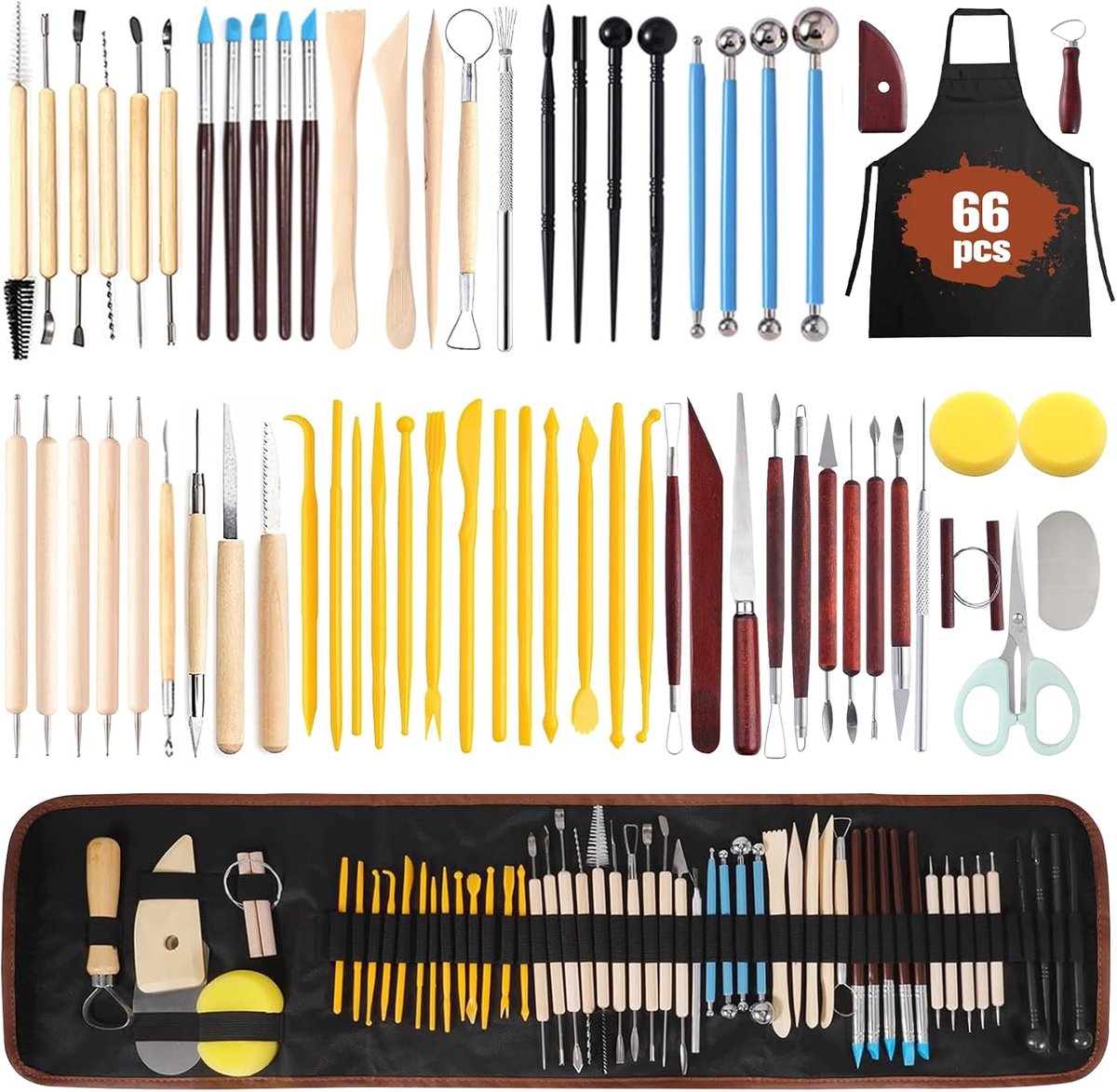 SnelShoppen - 66-delige Keramische Kleigereedschappen Set - Sculptuur en Modelleren Tools - Houten Handvatten, Plastic Gereedschap, Inclusief Opbergta