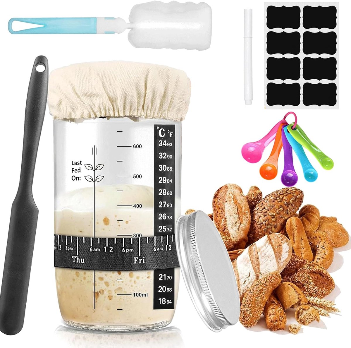 SnelShoppen - Sourdough Starter Set 730ml Fermentatieglas, Brood Bakaccessoires, Glazen Pot met Aluminium Deksel, Gistdoek, Temperatuurband, Dated Foo