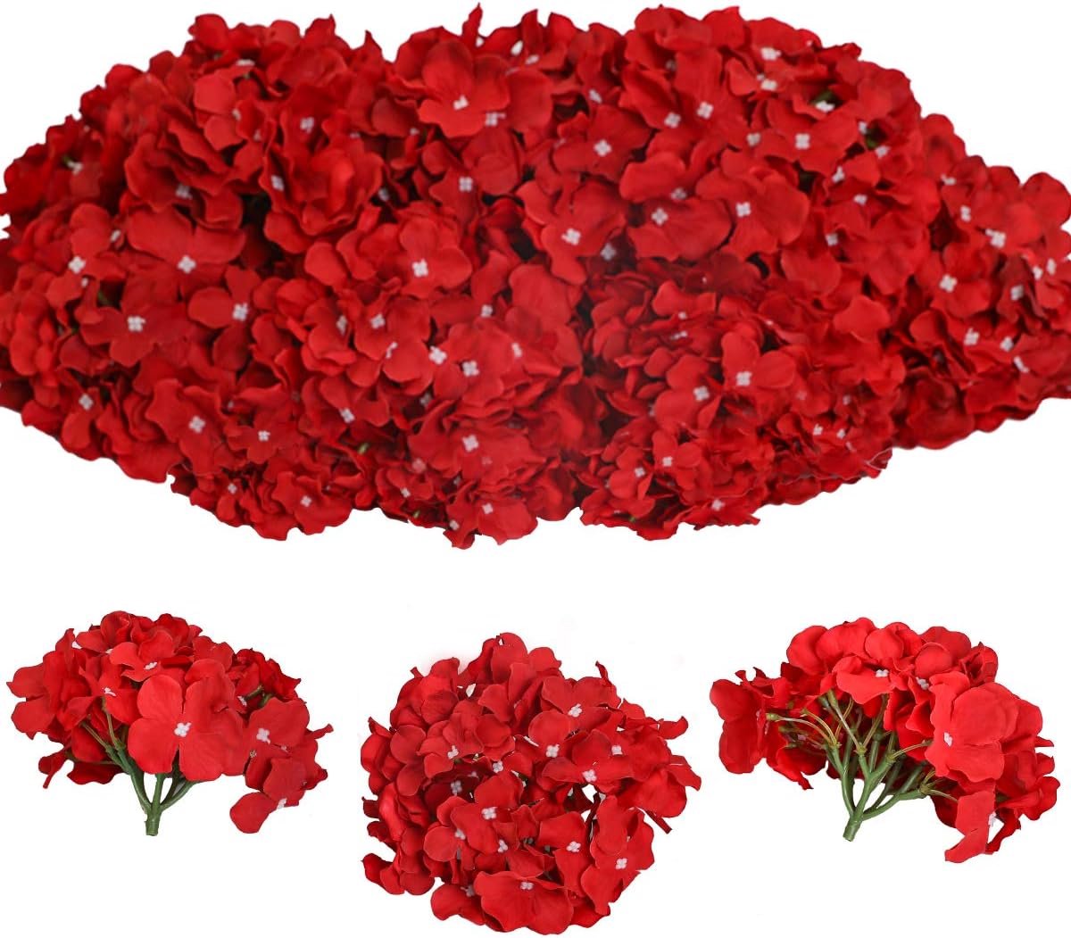 SnelShoppen - 12 Stuks Kunstmatige Hortensia Bloemkoppen met Stelen - Fluffy Grote Bloemen voor DIY Bloemarrangementen - Rood - Voor Bruiloften, Feest